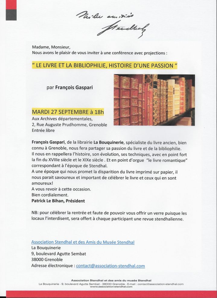 Mardi 27 septembre 2016 : Conférence sur "Le livre et la bibliophilie, histoire d'une passion" par François Gaspari